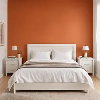A bedroom wall painted in #FF6B35 (burnt orange) with white 
