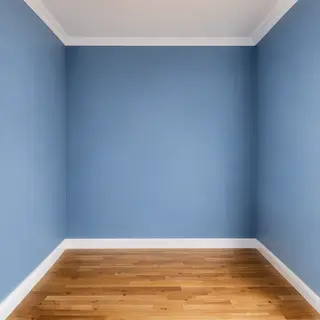 A room with walls in #4A90D9 (medium blue) with warm wooden 