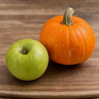 A green apple and an orange pumpkin on a wooden cutting boar