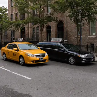 A yellow taxi and a black limousine parked next to each othe