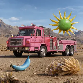 A pink fire truck, a blue banana, and a green sun in a surre