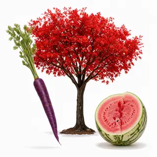 A purple carrot, a red tree with red leaves, and a white wat