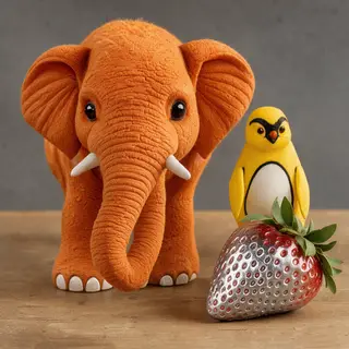 An orange elephant, a yellow penguin, and a silver strawberr