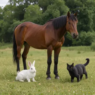 A big brown horse, a small white rabbit, and a medium-sized 