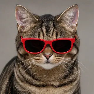 A tabby cat wearing oversized red sunglasses