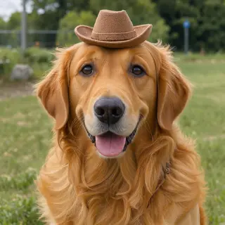 A golden retriever wearing a tiny cowboy hat
