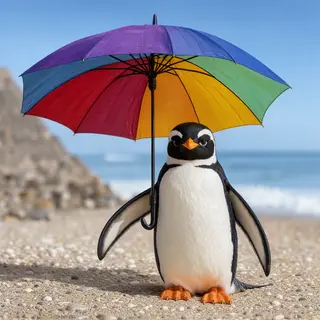 A penguin holding a colorful umbrella