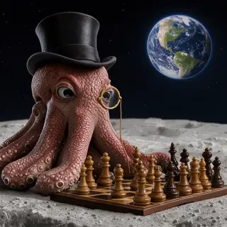 An octopus wearing a top hat and monocle playing chess on th