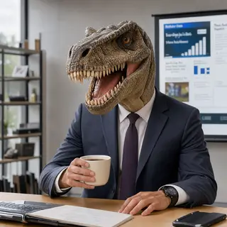 A dinosaur in a business suit giving a PowerPoint presentati