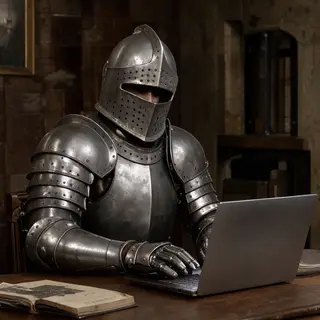 A medieval knight in full armor sitting at a desk typing on 