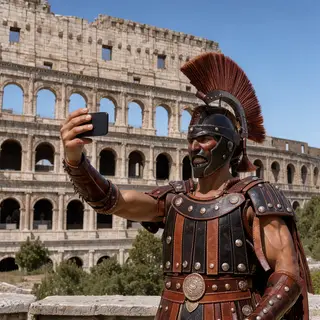 A Roman gladiator taking a selfie with a smartphone in the C