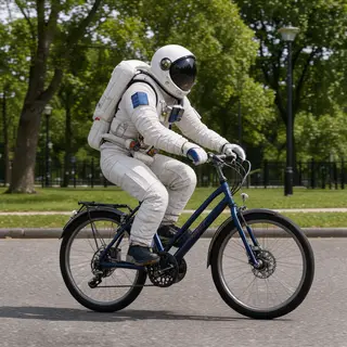 An astronaut in a spacesuit riding a bicycle through a park