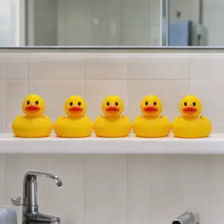 Exactly 5 yellow rubber ducks sitting in a row on a bathroom
