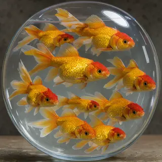Exactly 9 goldfish swimming in a large round fishbowl