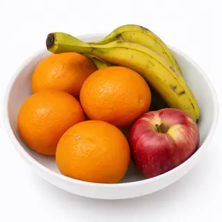 A fruit bowl containing exactly 3 bananas, 4 oranges, and 2 