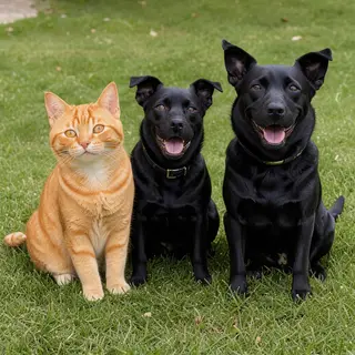 2 orange cats and 3 black dogs sitting together on a grassy 