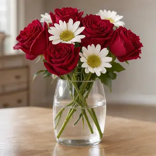 4 red roses and 2 white daisies in a glass vase on a table