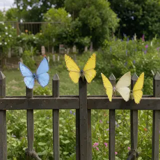1 blue butterfly and 3 yellow butterflies resting on a garde