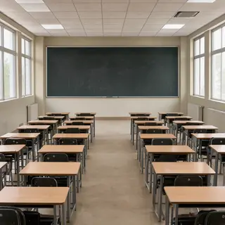 A classroom with desks and a chalkboard but no students
