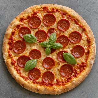 A pepperoni pizza with tomato sauce, basil, and crust but ab