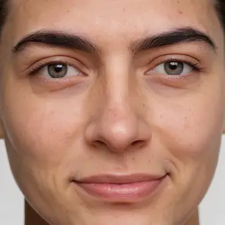 A human face with eyes, nose, and mouth but no eyebrows