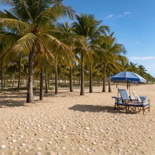 A sandy beach with palm trees, seashells, and a beach umbrel