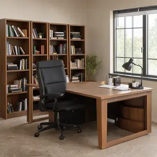 An office workspace with a desk, chair, bookshelf, and lamp 