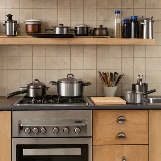 A kitchen with pots, pans, a stove, and a cutting board but 