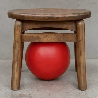 A red ball underneath a wooden chair