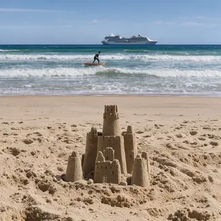 A beach scene with a sandcastle in the foreground, a surfer 