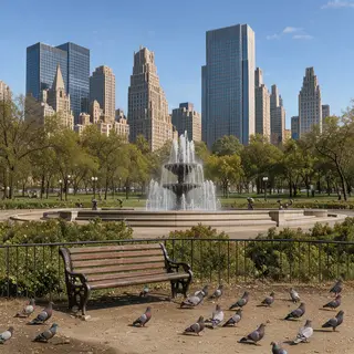 A city park with a park bench and pigeons in the foreground,