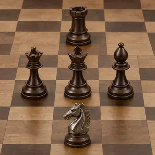 Five chess pieces on a board: a king in the center, a queen 