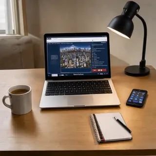A desk scene: laptop in the center, coffee mug to the left, 