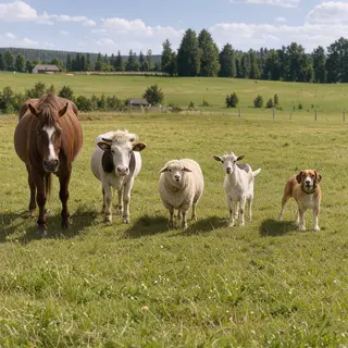 Five animals in a field: a horse on the far left, a cow to t