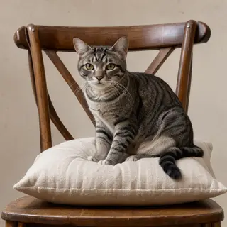 A cat sitting on a pillow, the pillow placed on a wooden cha