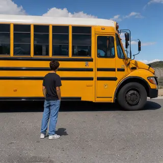 A person standing next to a yellow school bus, showing reali