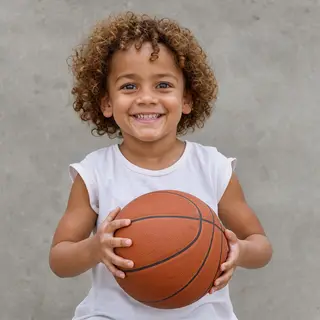 A child holding a basketball, both at correct relative sizes