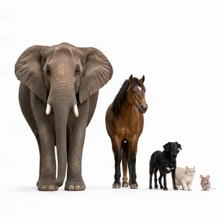 A group photo of an elephant, a horse, a dog, a cat, and a m