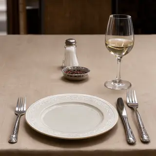 A dinner table scene with a plate, fork, knife, wine glass, 
