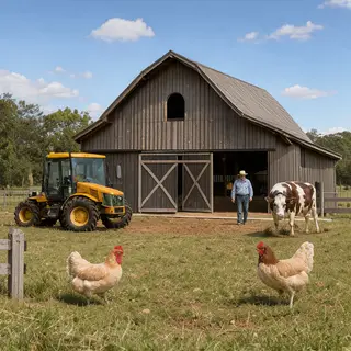A farm scene with a barn, tractor, farmer, cow, chicken, and