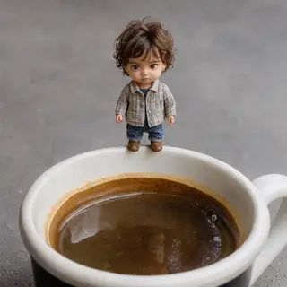 A tiny person standing on the rim of a coffee cup, looking d