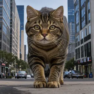 A giant tabby cat walking between city skyscrapers like a ka