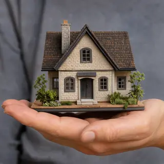 A miniature house sitting on the palm of someone's hand