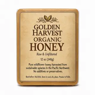 A product label for 'GOLDEN HARVEST ORGANIC HONEY' with subt