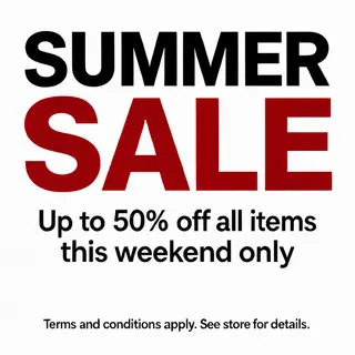 A poster with headline 'SUMMER SALE' in large bold text, bod