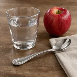 A still life on a wooden table featuring a clear glass of wa