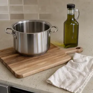 A kitchen counter with a stainless steel pot, a wooden cutti