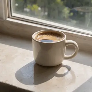 A coffee mug on a sunny windowsill casting a sharp shadow to