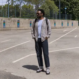 A person standing outdoors at midday with a short shadow dir