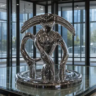 A chrome sculpture in a room with a glass floor and large wi